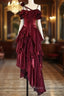 Pretty Irregular Ruffled Spaghetti Straps Burgundy Formal Prom Dresses With Detachable Rose Long Birthday Dresses For Women