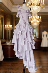 Pretty Irregular Ruffled Suspender Formal Prom Dresses With Detachable Rose Long Birthday Dresses For Women