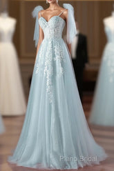 Pretty Mint Blue Tulle With Lace A-Line Long Party Dresses, Mint Blue Formal Prom Dresses Fornal Dresses