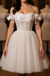 Pretty Off Shoulder Ivory Formal Prom Dresses Short, Ivory Homecoming Dresses, Formal Graduation Evening Dresses