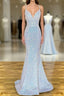 Pretty Formal Prom Dresses, Sheath/Column V Neck Spaghetti Straps Sweep Train Sequined Formal Prom Dresses With Pleated