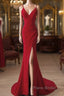 Pretty Red Mermaid Straps Long Evening Dresses With Leg Slit, Red Formal Prom Dresses