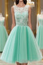 Pretty Round-Neck Lace Tulle Short Green Formal Prom Dresses, Lace Homecoming Dresses