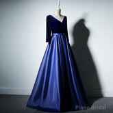 Pretty Royal Blue Long Sleeves Satin with Velvet Party Dress, A-line Long Prom Dress
