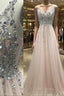 Pretty Sequins Long Tulle V-Neck Formal Prom Formal Gowns