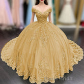 Princess Lace Off Shoulder Gold Quinceanera Dresses Applique With Bow
