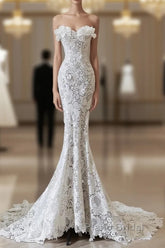 Princess Mermaid Strapless White Lace Long Wedding Dresses Brides Dresses