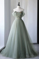 Princess Off the Shoulder Embroidering Tulle Sage Ball Gown