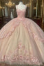 Princess Pink Quinceanera Dresses Lace Appliques Sweet 15 Party Formal Prom Ball Gown