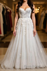 Princess Sweetheart Neck White Lace Formal Prom Wedding Dresses, Ivory Lace Formal Dresses, White Evening Dresses