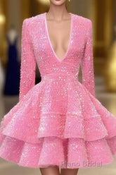 Pink Cocktail Dresses A-Line V-Neck Long Sleeve Shiny Sequin Homecoming Dresses