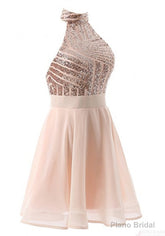 Halter Sequins Backless Mini Short Prom Dresses