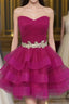 Hot Pink Organza Sweetheart Neckline Short Beadings Belt Tiered Rose Red Layers Formal Prom Dresses