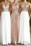 Rose Gold Sequin White Chiffon V Neck Sexy Long Elegant Simple Formal Prom Dresses