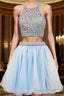 2024 Beautiful Short Two Pieces Light Sky Blue Halter Open Back For Teens Formal Prom Dresses