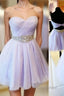 Charming Empire Waist Lavender Sweetheart Backless Short Fashion Beaded Belt Short For Sweet 16 Mini Length Skirt Formal Prom Dresses