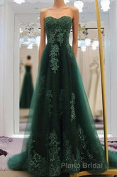 Sweetheart Long Lace Green Sweep Train Lace Up Formal Prom Dresses