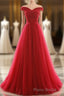 Off The Shoulder Red A Line Pleated Long Red Formal Prom Dresses