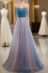 Sweetheart Blue Peach Tulle Strapless Long Pleated Sexy A Line With Beads Sashes Formal Prom Dresses