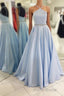 Backless Beading Spaghetti Straps A Line Light Blue Long Formal Prom Dresses
