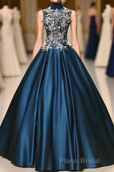 Blue Dreses Satins Lace Applique A Line Long Formal Prom Dresses
