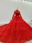 Prom Season Red Ball Gown Tulle Long Sleeve Beading Tiers Wedding Dress With Long Train
