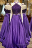 Purple 2 Piece Lace Formal Prom Dresses Halter Long Formal Gowns With Pockets