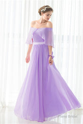 Purple Chiffon Off The Shoulder Long Bridesmaid Dresses