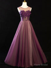 Purple Floral Long Lace Prom Dresses, Purple Floral Long Lace Formal Evening Dresses