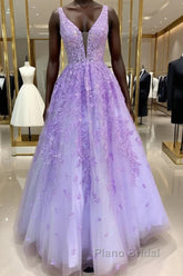 Purple Lace Long A Line Formal Prom Dresses Evening Dresses