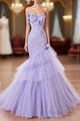 Purple Mermaid Sweetheart Neck Tulle Beaded Long Formal Prom Dresses Strapless Sequin Applique Wedding Dresses