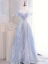Purple Off Shoulder Tulle Sequin Long Prom Dress, Purple Formal Dress