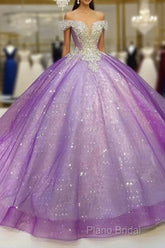 Purple Off The Shoulder Ball Gown , Bling Bling Formal Prom Dresses