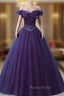 Purple Off-The-Shoulder Sweetheart Party Dresses, Beaded Flowers Ball Gown Tulle Formal Prom Dresses