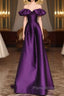 Purple Satin A-Line Off Shoulder Long Evening Dresses, Purple Satin Formal Prom Dresses