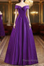 Purple Satin Sweetheart Long Party Dresses, A-Line Purple Formal Prom Dresses