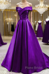 Purple Satin Sweetheart Long Party Dresses Formal Prom Dresses, Off Shoulder Purple Evening Dresses