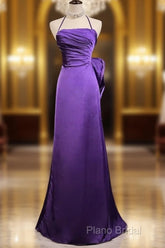 Purple Spaghetti Strap Satin Formal Prom Dresses Backless Formal Gown