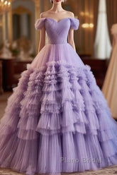 Purple Sweetheart Tulle Layers Sweet 16 Dresses Long Formal Prom Dresses A Line Off Shoulder Solid Color