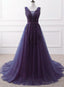 Purple Tulle Beaded Long Formal Party Dress, Dark Purple Evening Dress