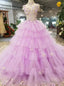 Purple Tulle High Neck Corset Backless Appliqeus Wedding Dress With Long Train