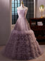 Purple Tulle Lace Strapless Beading Prom Dress