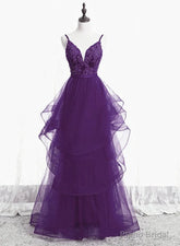 Purple Tulle Layers with Lace Long Evening Dresses, Purple Prom Dress Party Dresses