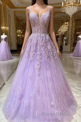 Purple v neck tulle lace long Formal Prom dress purple lace formal dress