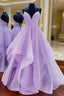 Purple V Neck Tulle Sequin Long Formal Prom Dresses, Purple Evening Dresses