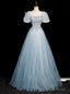 Queenly Blue Tulle Sequins Puff Sleeve Beading Prom Dress