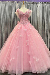Quinceanera Dress Pink Tulle 3D Floral Lace Bow-Back Ball Gown with Flutter Sleeves