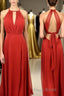Scoop Red A-line Chiffon Long Bridesmaid Dresses with Open Back