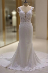 Real Long Vintage Lace Wedding Dresses Mermaid Sleeveless Bridal Gowns