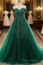 Real Off Shoulder Green Formal Prom Dresses Beaded Appliques Emerald Quince Dresses
